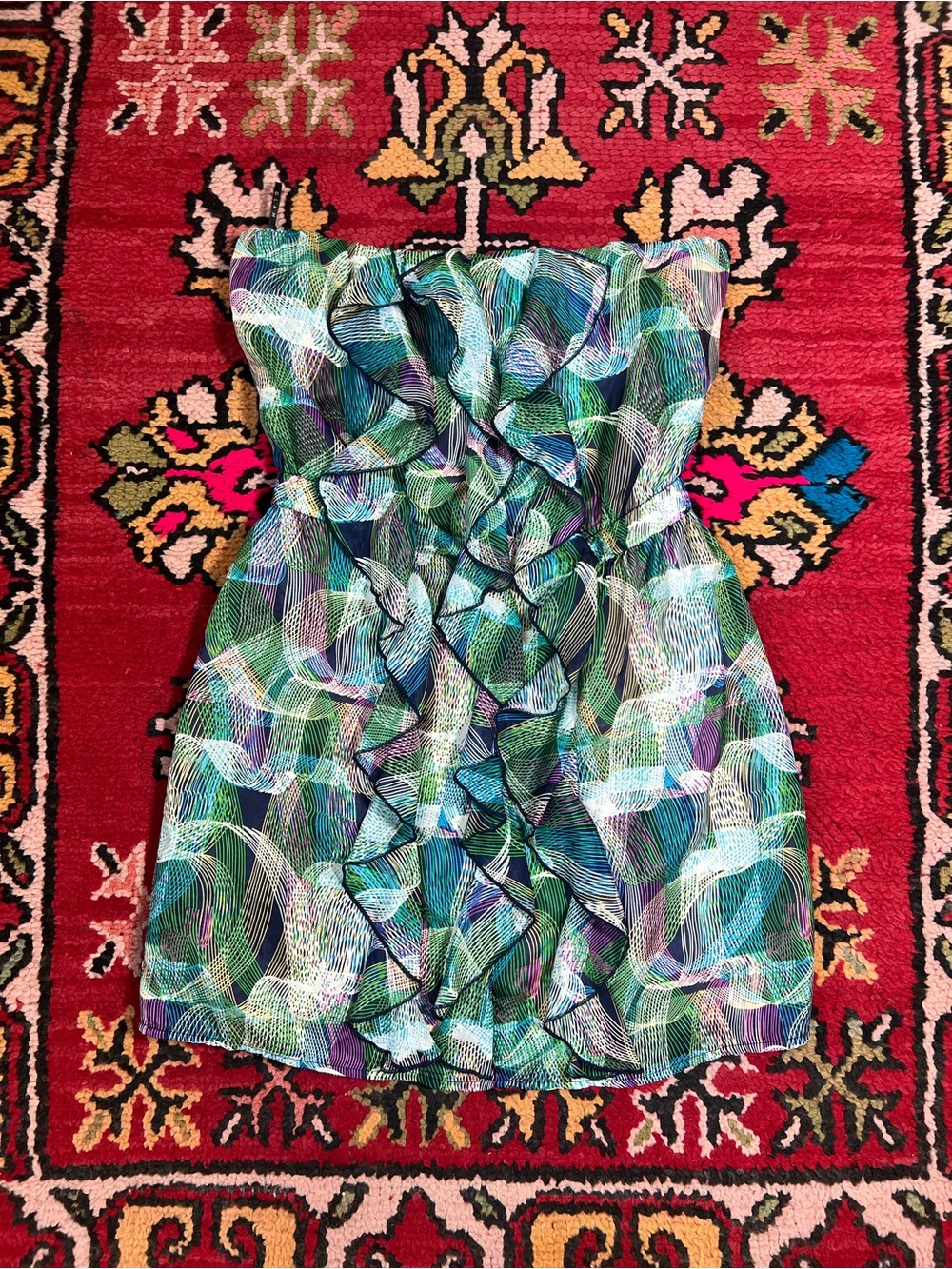 Vintage y2k glam 100% Silk Strapless Ruffled Mini Dress in Teal, Blue, Purple